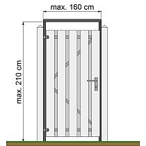 Tuindeurkozijn geschaafd naaldhout met aanslaglat, max. 160 cm breed, geïmpregneerd en zwart gedompeld.