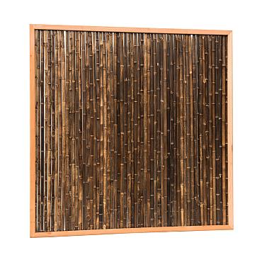 Bamboescherm van zwarte bamboestokken in douglas frame, 186 x 186 cm.