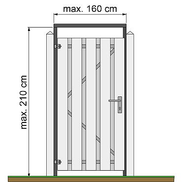 Tuindeurkozijn geschaafd naaldhout met aanslaglat, max. 160 cm breed, geïmpregneerd en zwart gedompeld.
