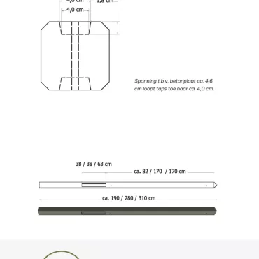 Betonpaal glad met diamantkop 10 x 10 x 310 cm, antraciet gecoat, tussenpaal t.b.v. 2 betonplaten.