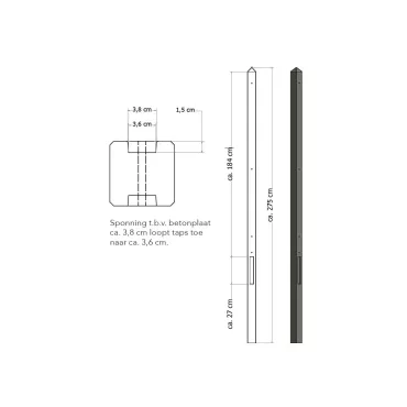 Lichtgewicht betonpaal met diamantkop ongecoat 8,5x8,5x275 cm, tussenpaal, antraciet.