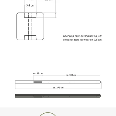 Lichtgewicht betonpaal met diamantkop ongecoat 8,5x8,5x275 cm, eindpaal, antraciet.