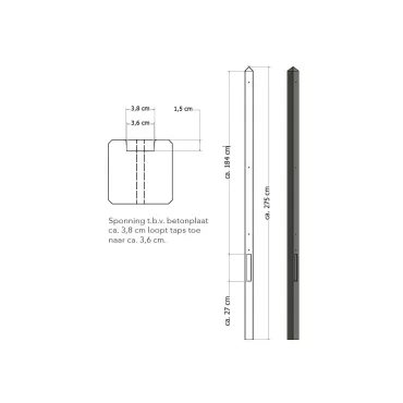 Lichtgewicht betonpaal met diamantkop ongecoat 8,5x8,5x275 cm, eindpaal, antraciet.