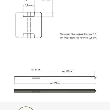 Lichtgewicht betonpaal met diamantkop ongecoat 8,5x8,5x275 cm, tussenpaal, antraciet.